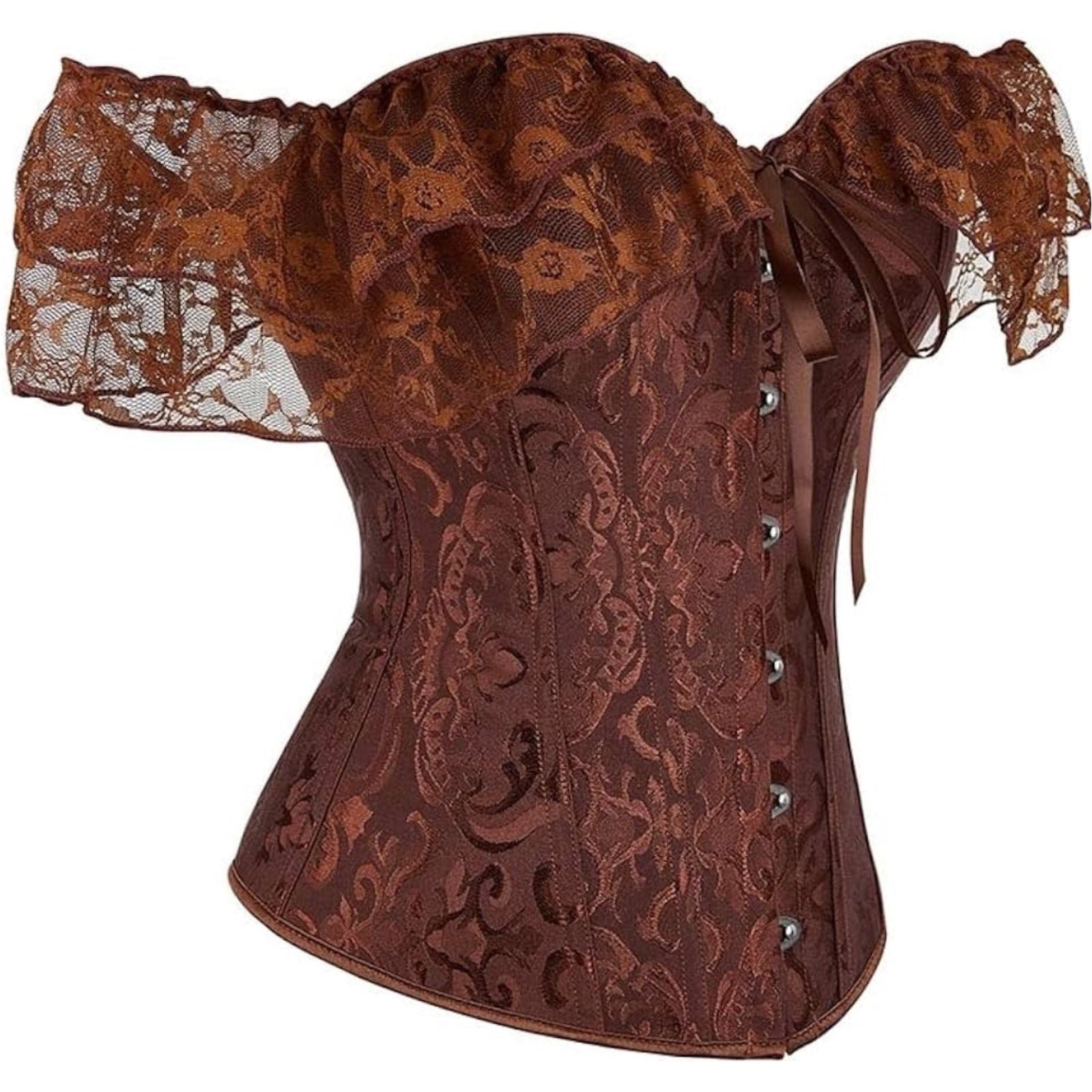 Women's corset with waist and lace sleeves.