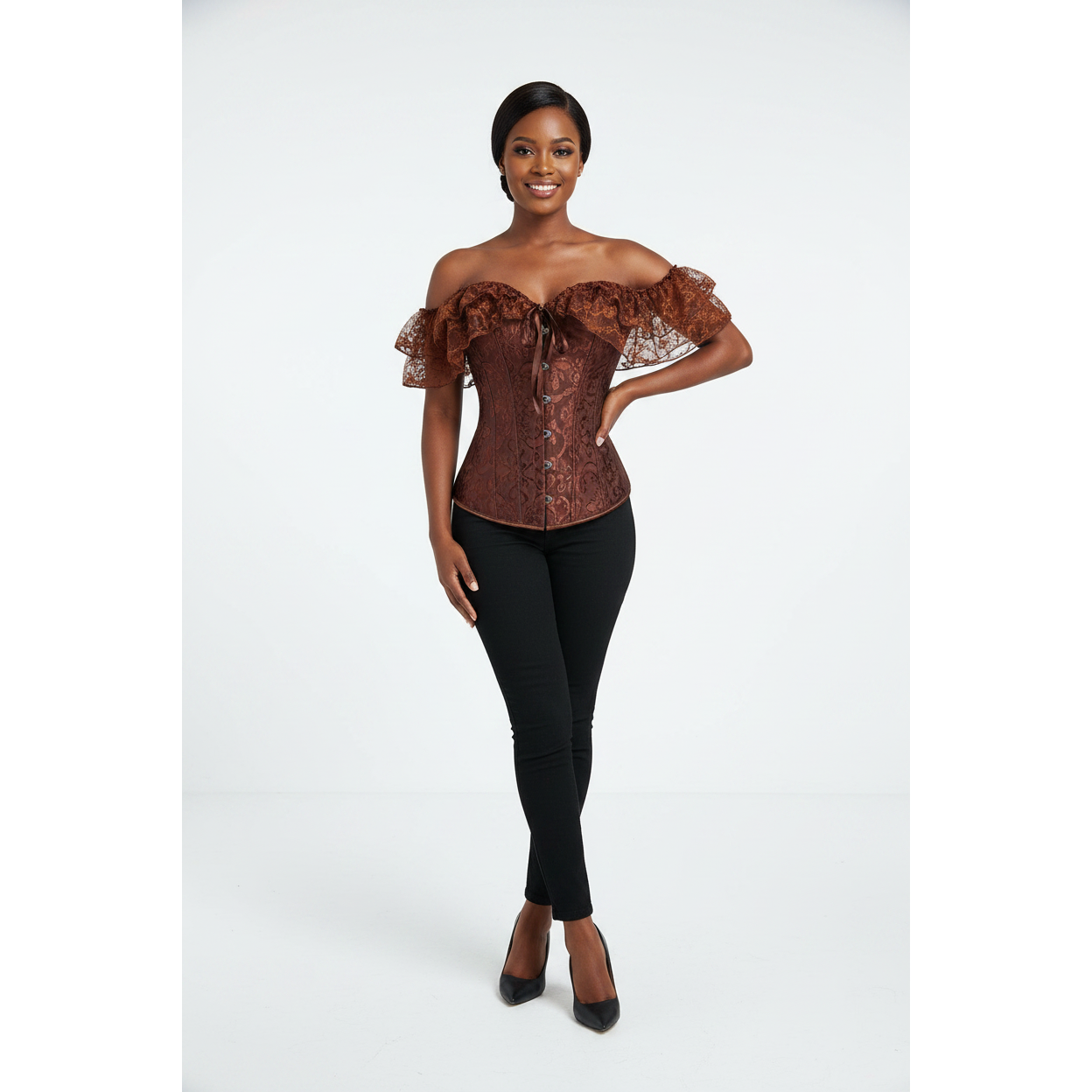 Women's corset with waist and lace sleeves.