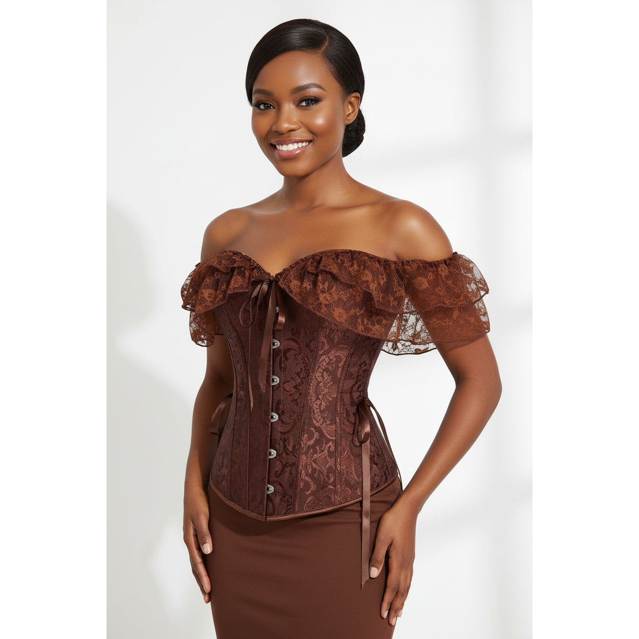 Women's corset with waist and lace sleeves.