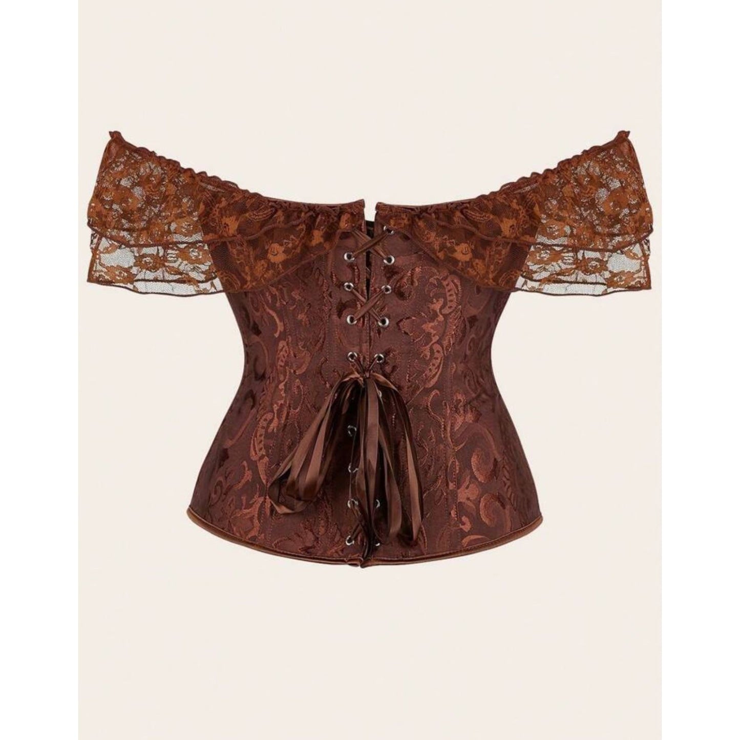 Women's corset with waist and lace sleeves.