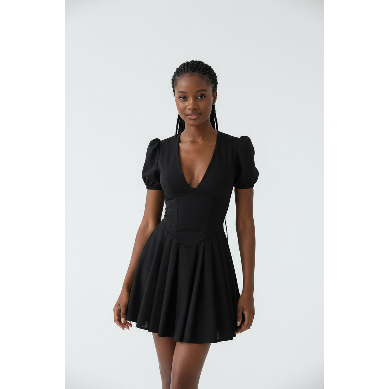 Sexy Open V-Neck Pleated Mini Dress.