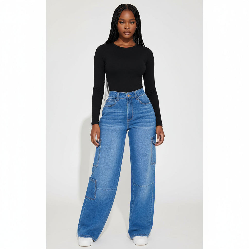 High Waist Denim Cargo Pants.