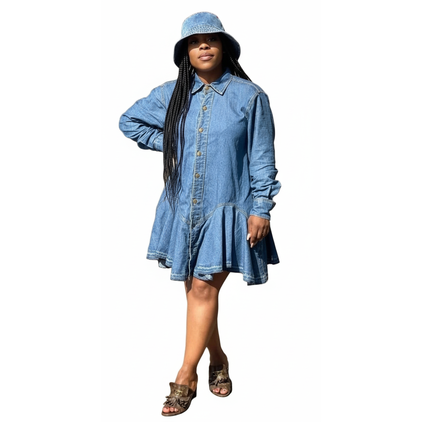 Ruffle Hem Knee Length Denim Dress.
