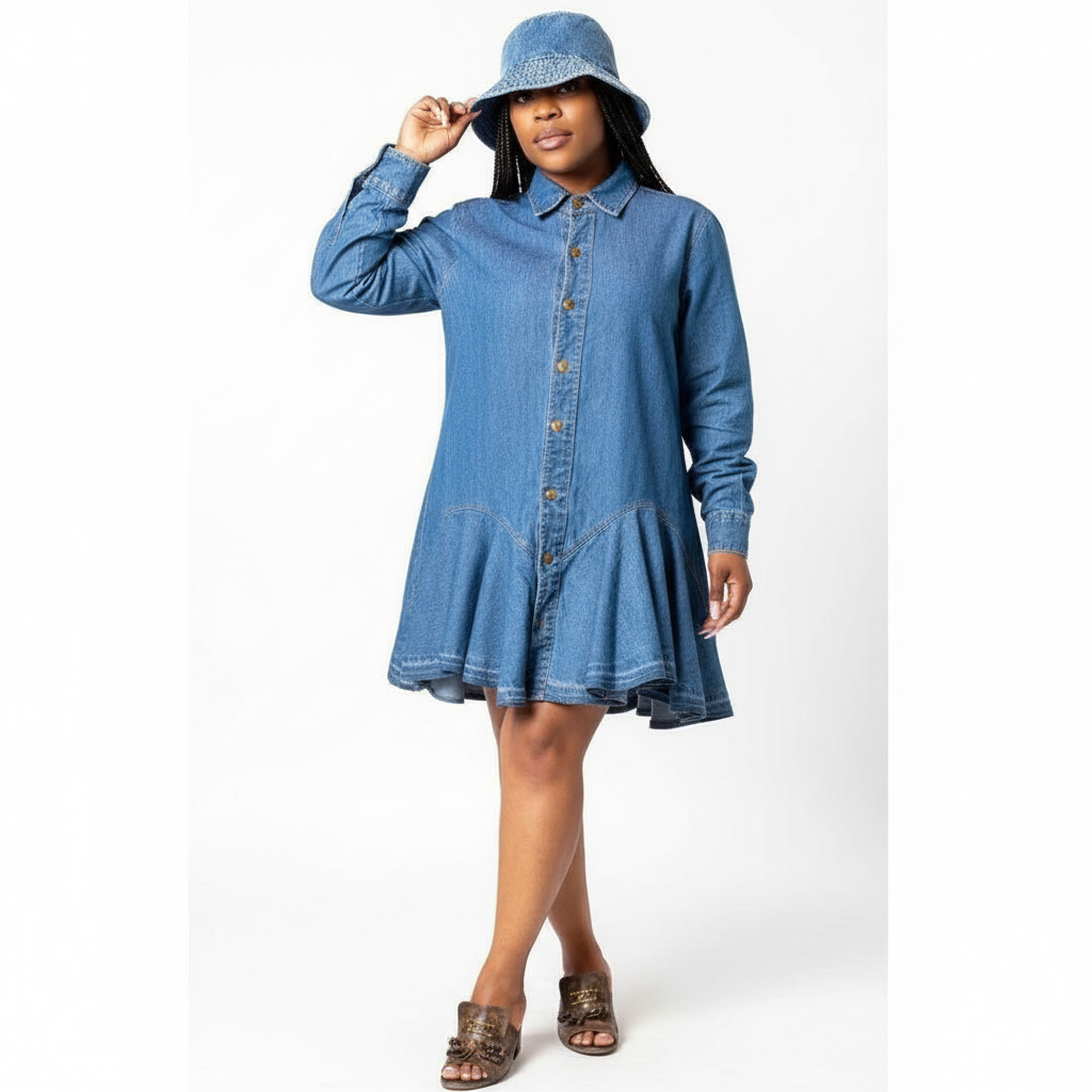 Ruffle Hem Knee Length Denim Dress.