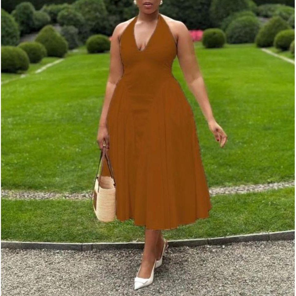 V-Neck Halter Backless Pleated A-Line Maxi Dress.