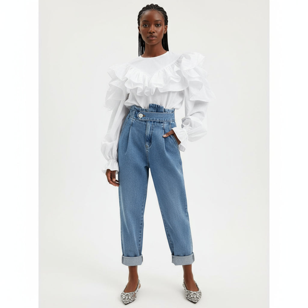Vintage Blue Denim High Waist Mom Jeans.