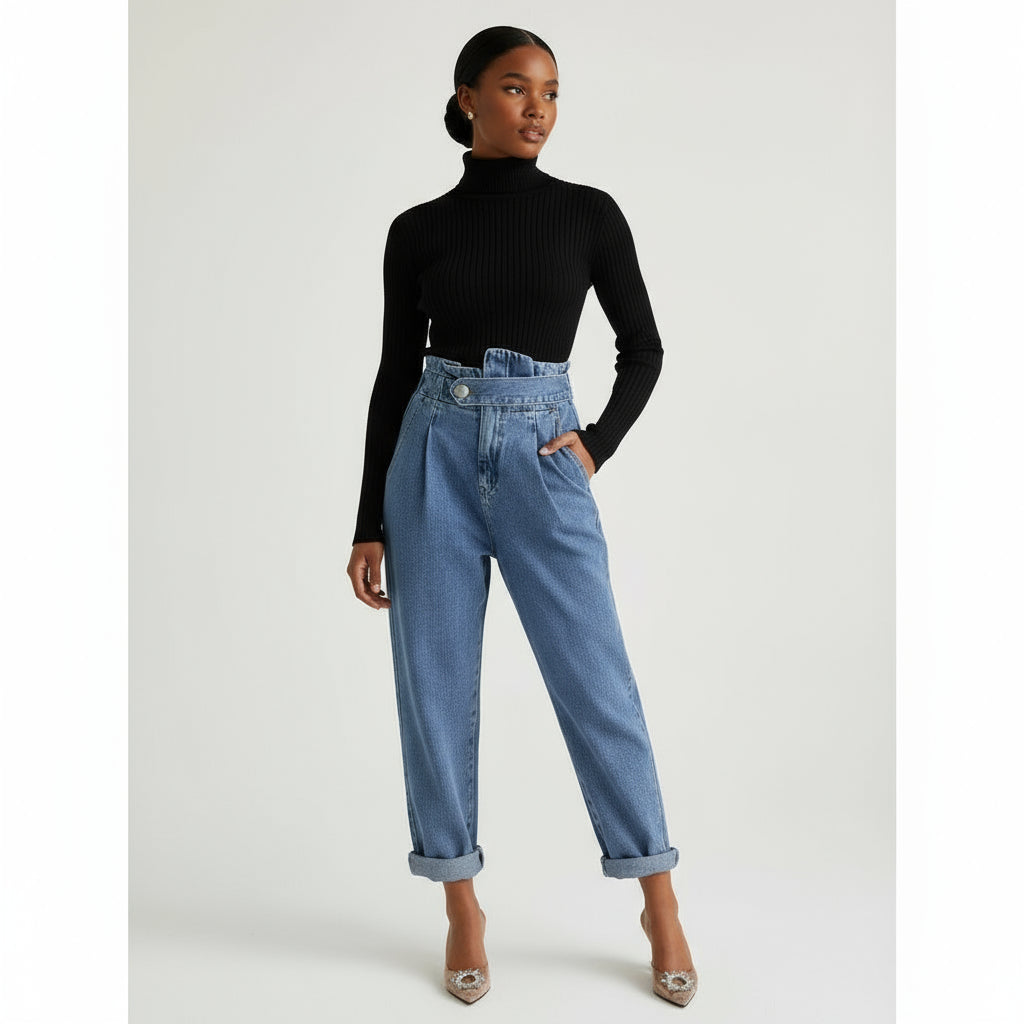 Vintage Blue Denim High Waist Mom Jeans.