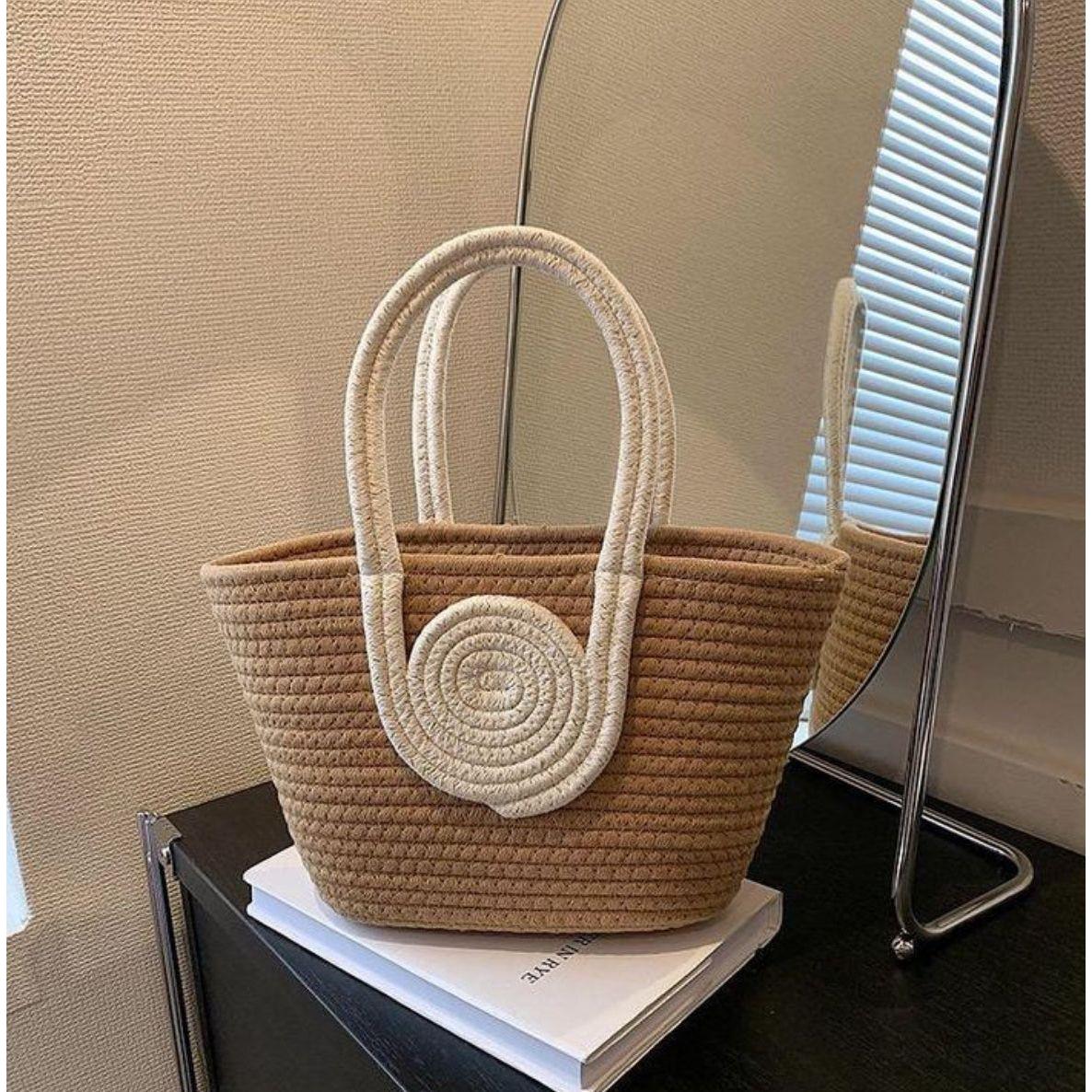 Two-Tone Cotton Rope Woven Tote Handbag.