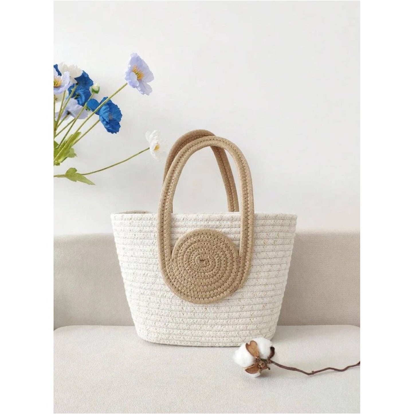 Two-Tone Cotton Rope Woven Tote Handbag.