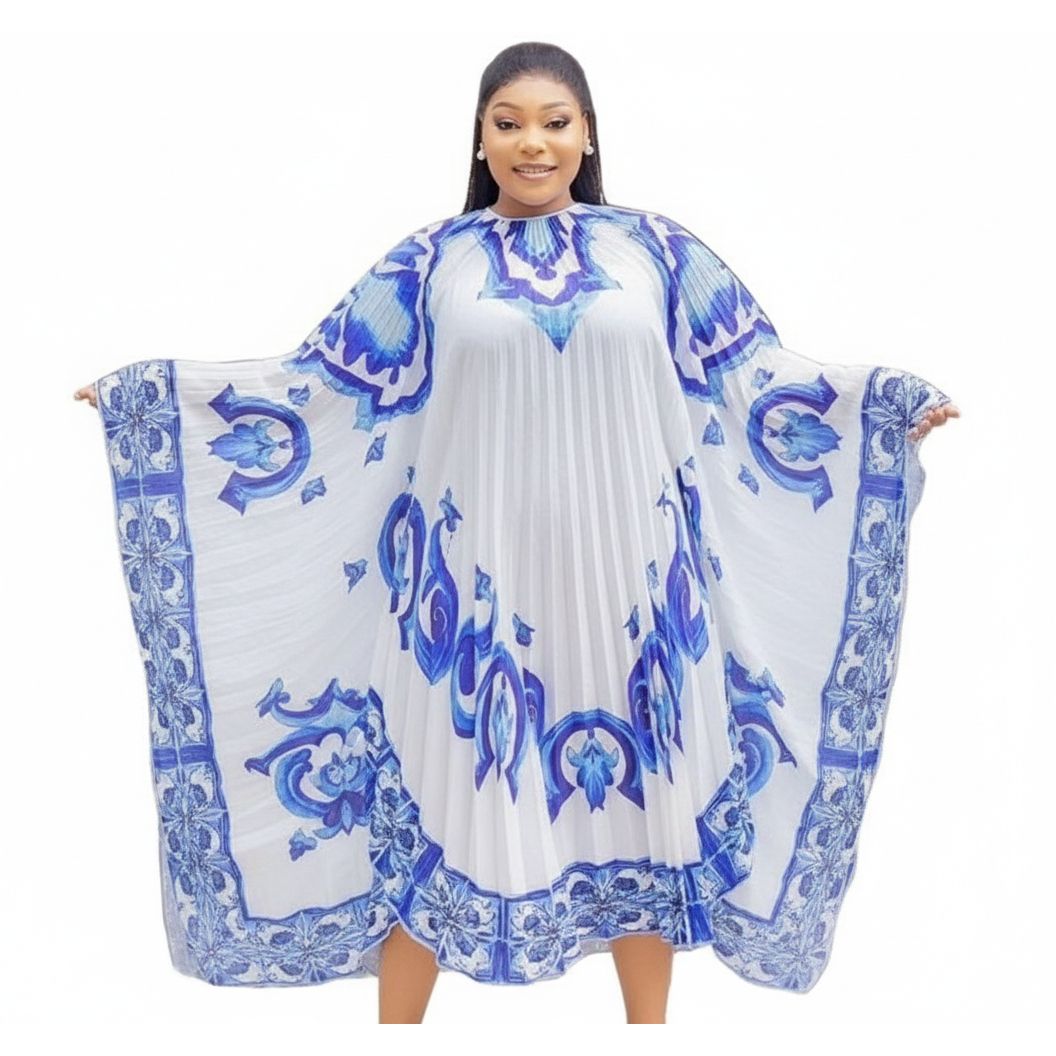 Pleated Print Dress O-Neck Batwing Sleeve Maxi Dress.