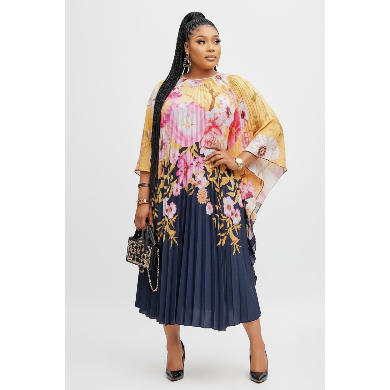 Pleated kaftan floral dress for women.