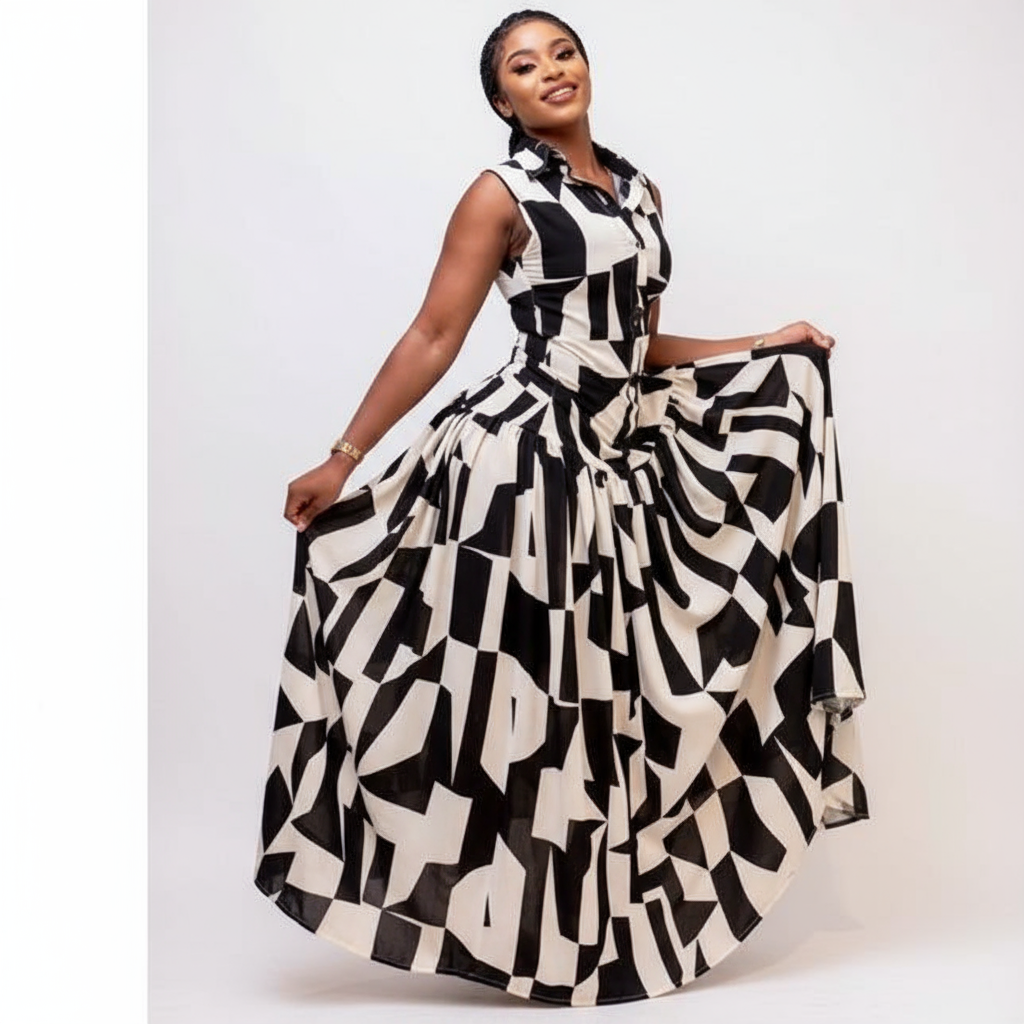 Woman wearing a black and white patterned dress in an indoor setting