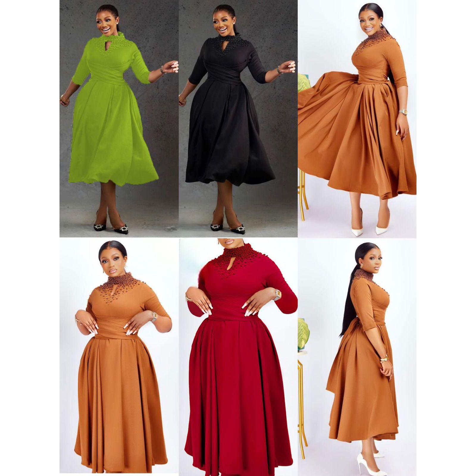 Three Quarters Sleeve Beads Detailed Midi Dress.