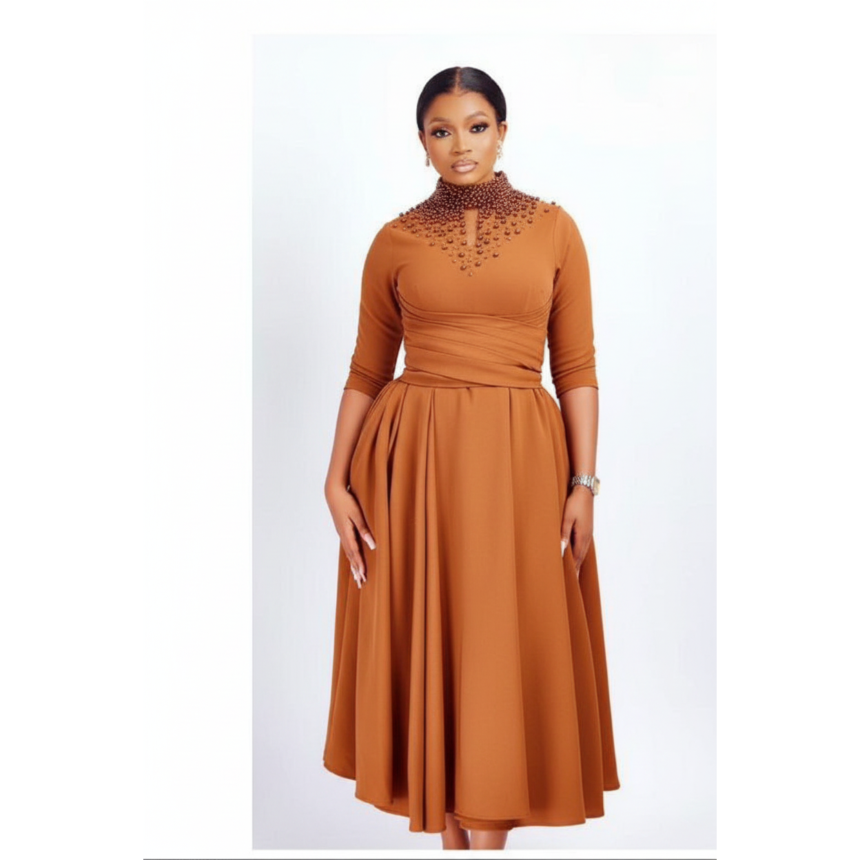 Women's Beaded Three-Quarter Sleeve Midi Dress