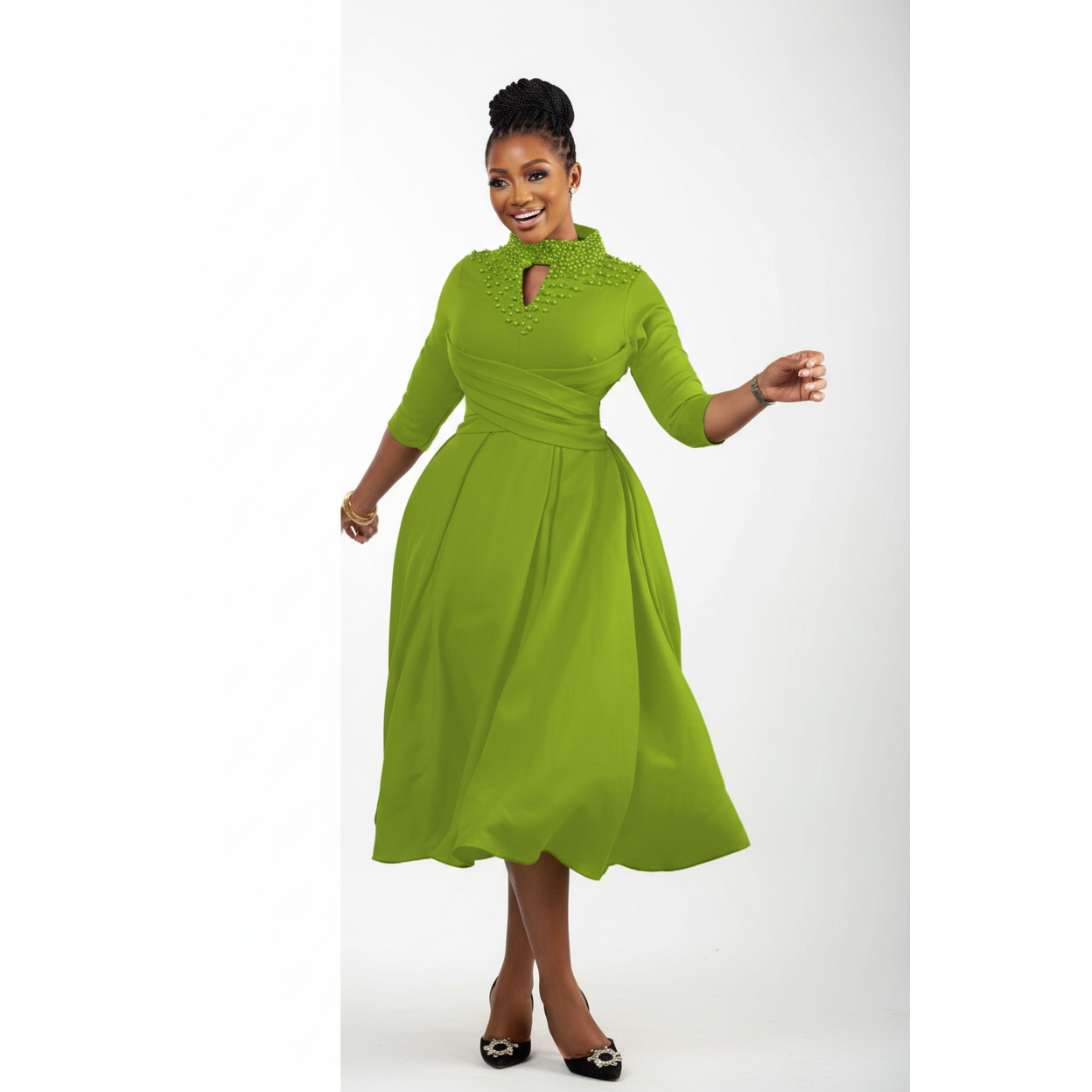 Women's Beaded Three-Quarter Sleeve Midi Dress