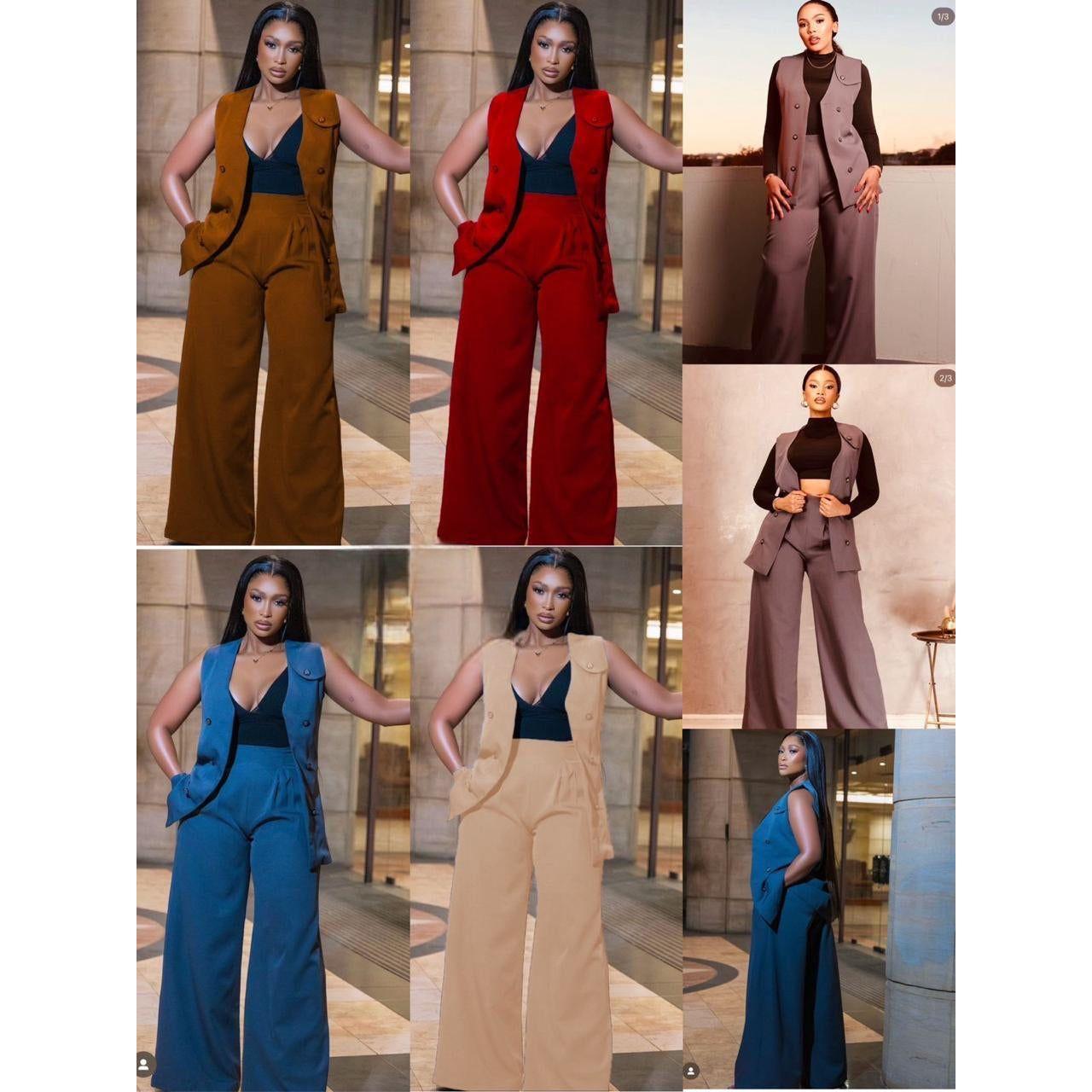 Solid Sleeveless Top and Pants and Coat Set
