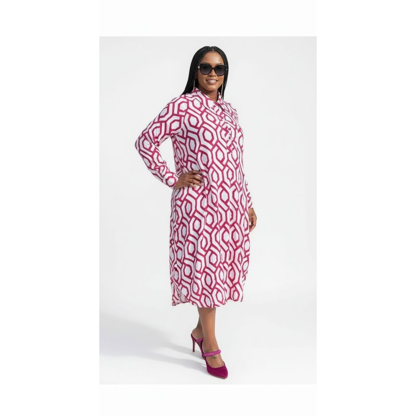 High Neck Long Sleeve Printed Pleated Maxi Dress.