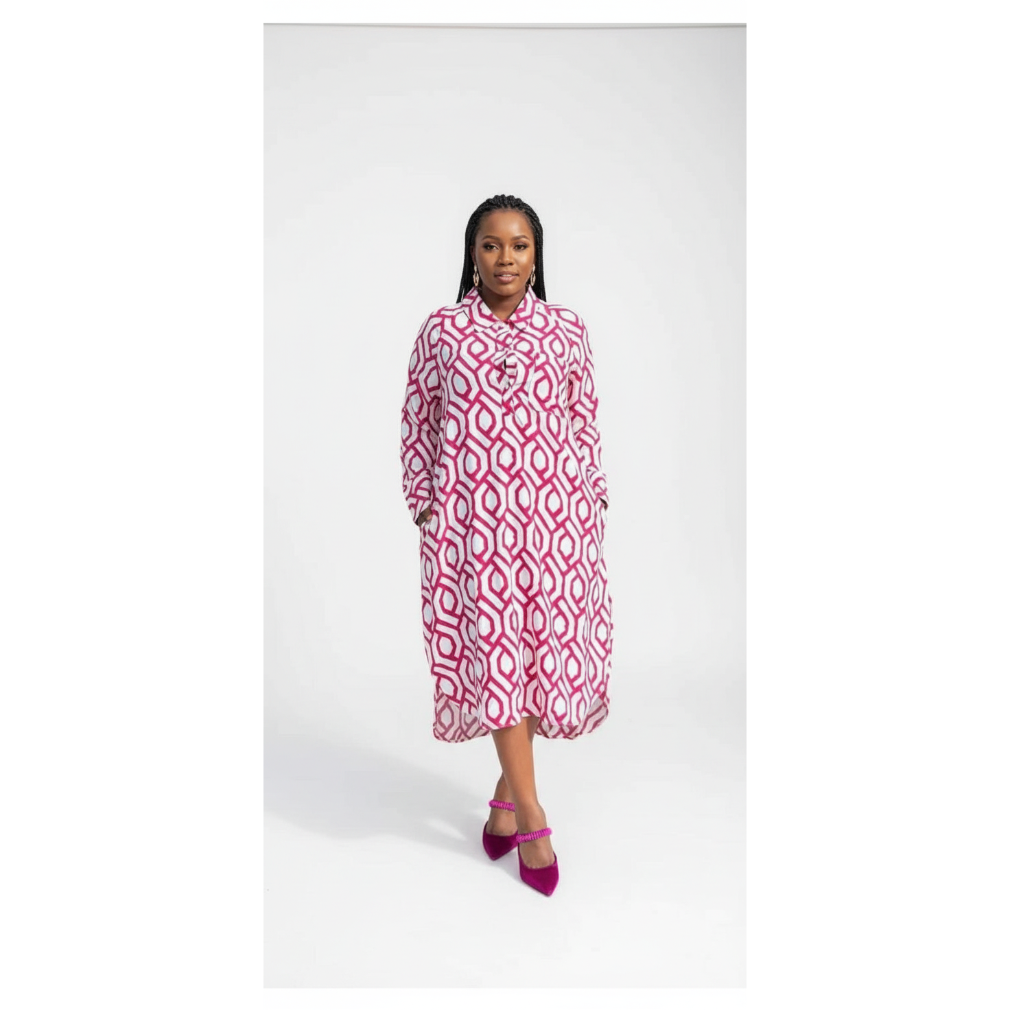 High Neck Long Sleeve Printed Pleated Maxi Dress.