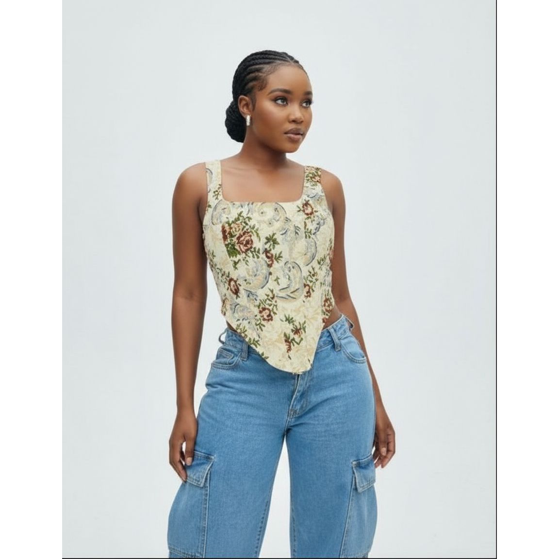 Floral Square Neck Curved Hem Sleeveless Blouse