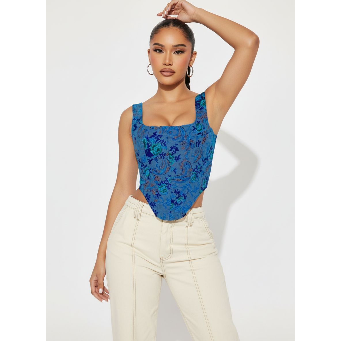 Floral Square Neck Curved Hem Sleeveless Blouse