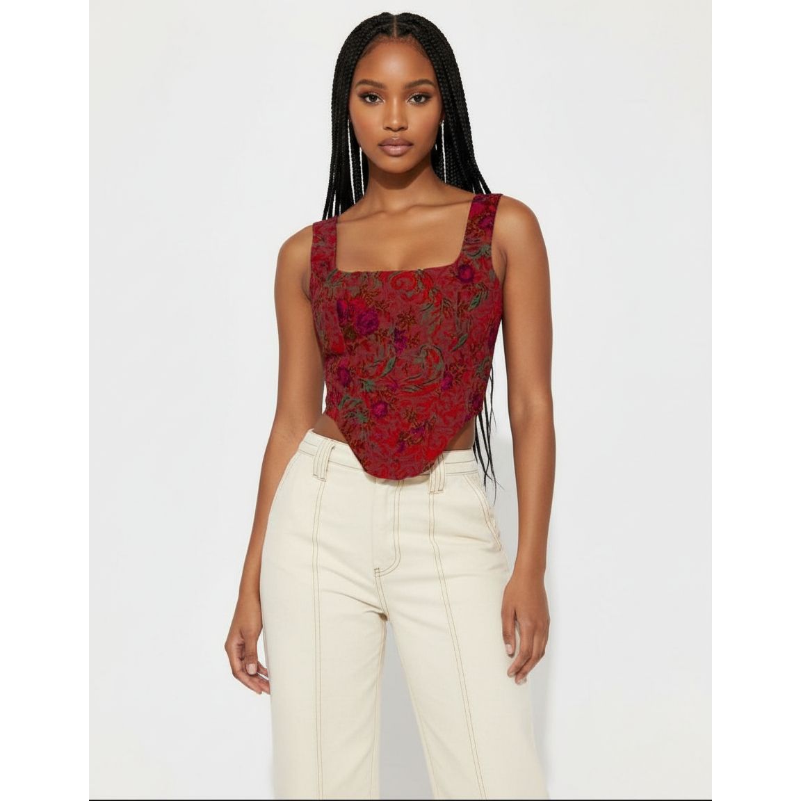 Floral Square Neck Curved Hem Sleeveless Blouse