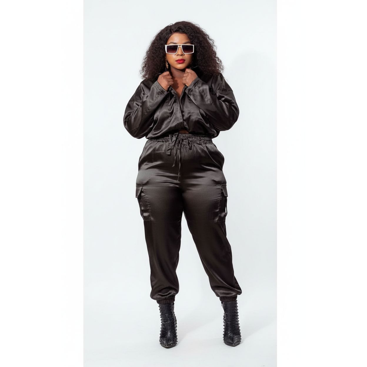 Solid Satin Half Sleeve Top and Long Pants Set.