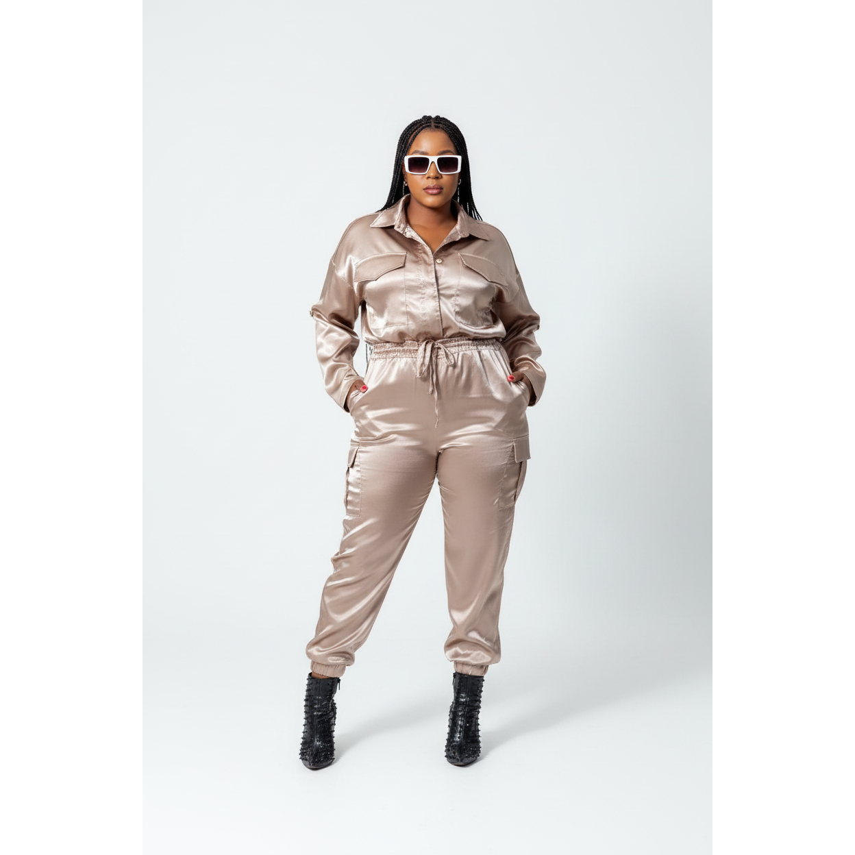 Solid Satin Half Sleeve Top and Long Pants Set.