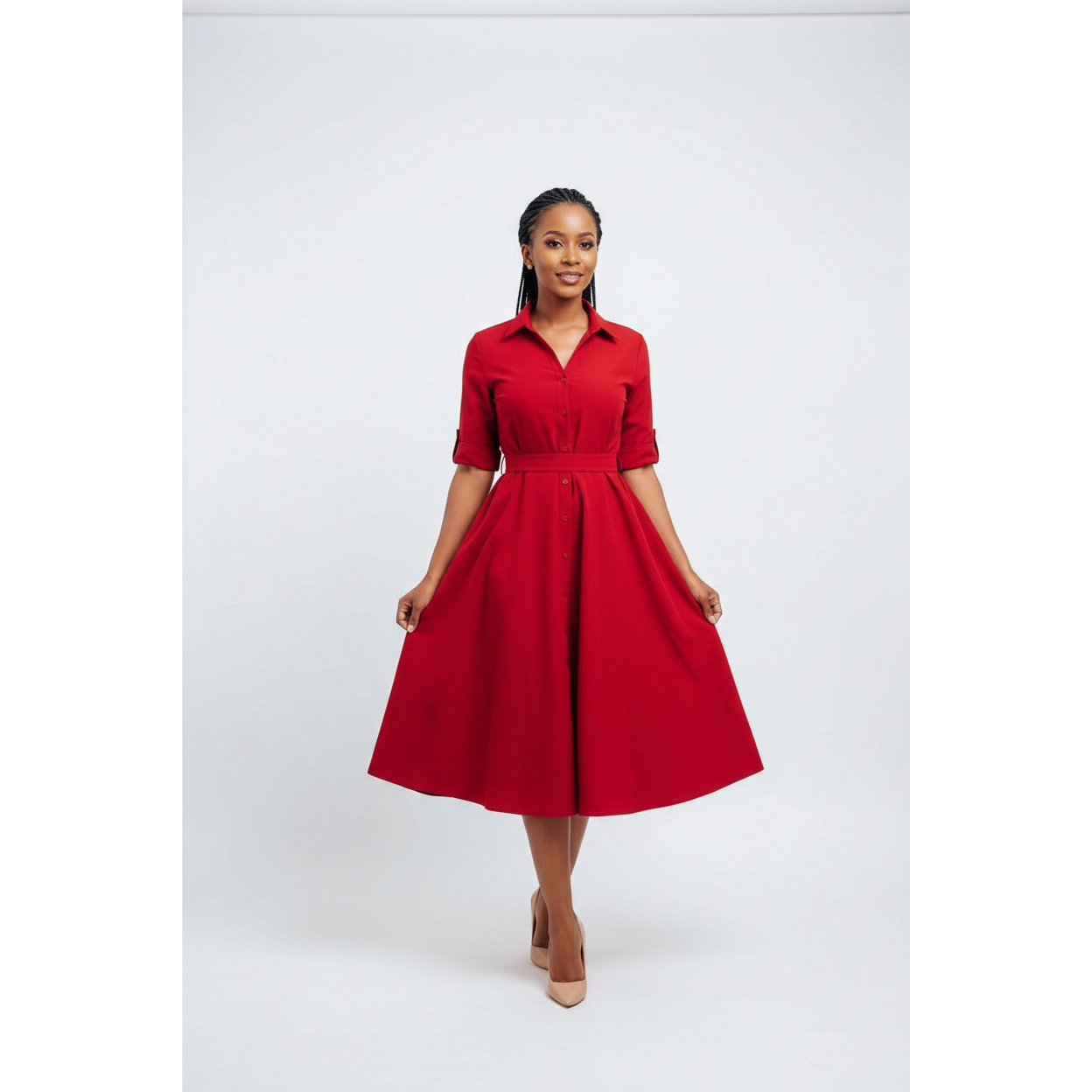 Short Sleeve Front Buttoned Midi Dress.