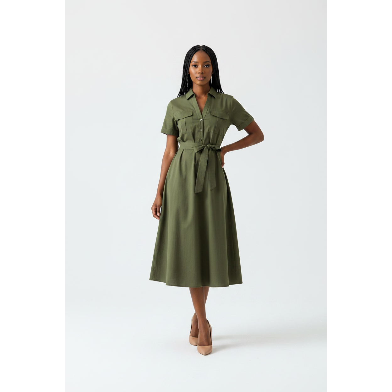 Short Sleeve Front Buttoned Midi Dress.