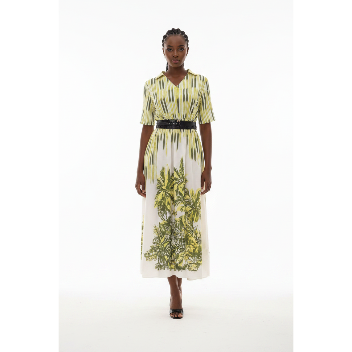 V-Neck Striped Floral Print Summer Dress.