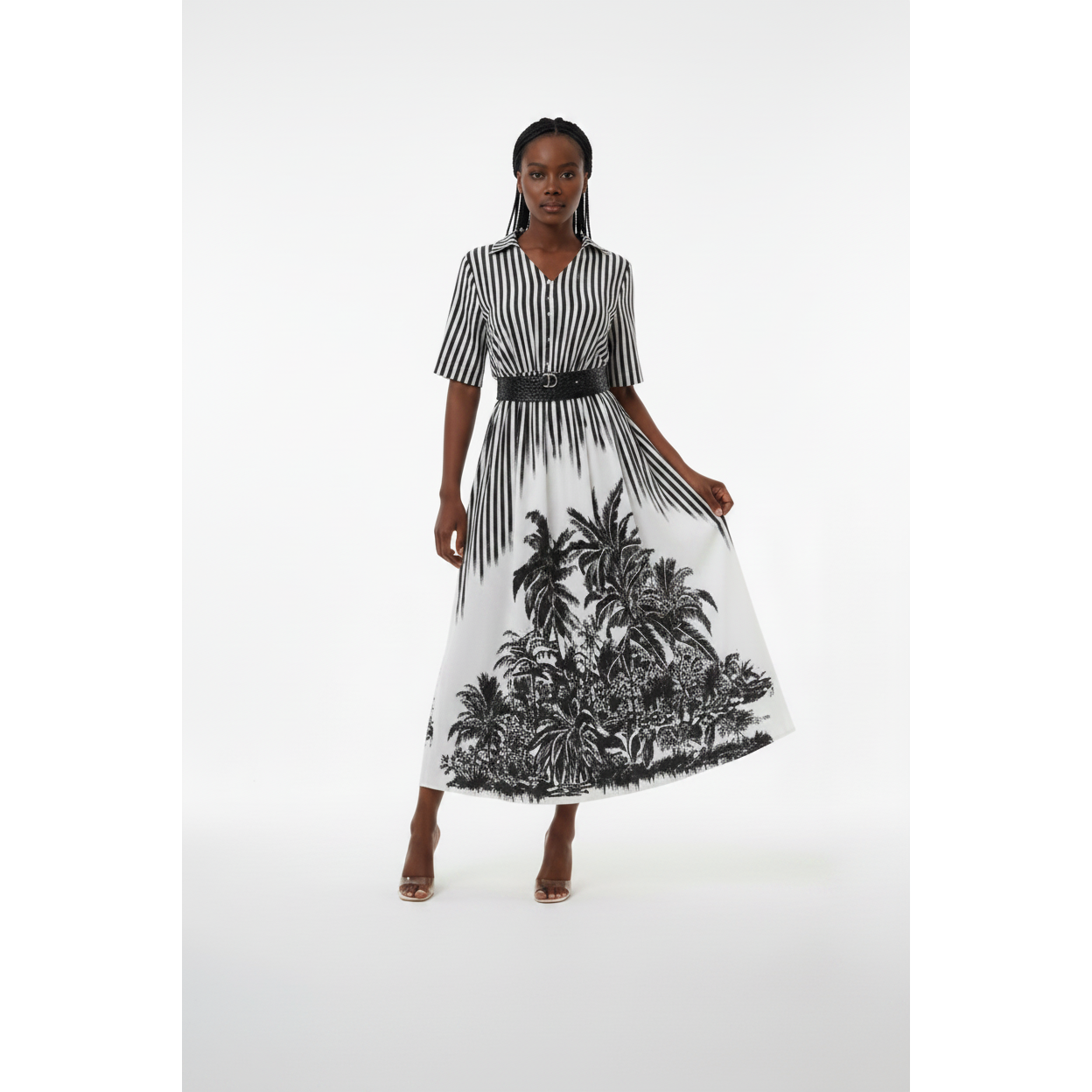 V-Neck Striped Floral Print Summer Dress.