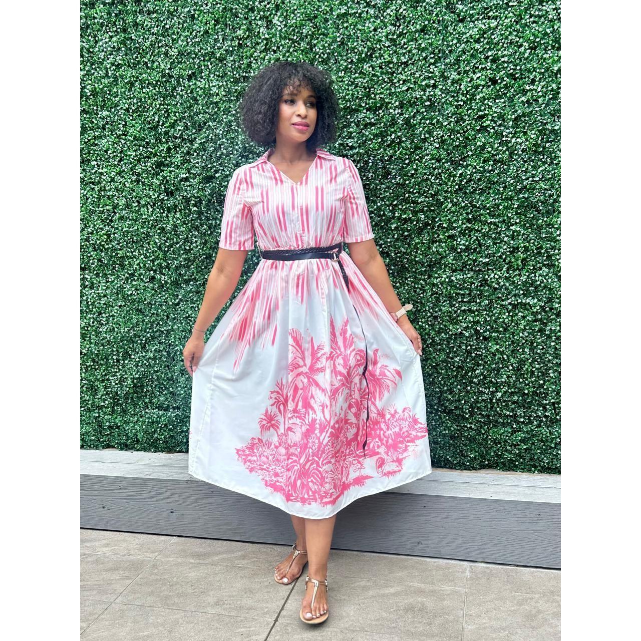 V-Neck Striped Floral Print Summer Dress.