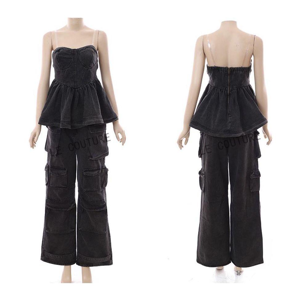 Denim Cargo Pants with Off-Shoulder Ruffle Top