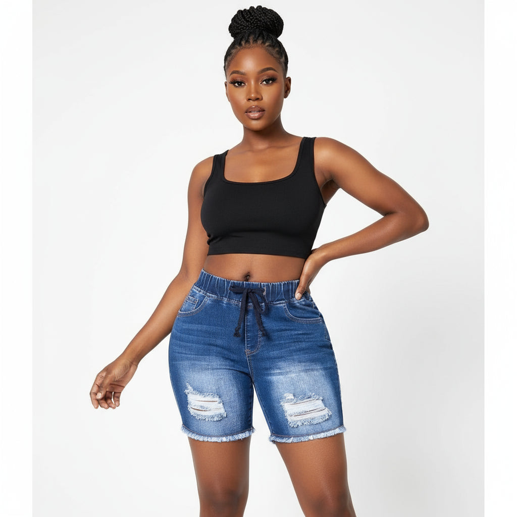 Elastic Waist Ripped Denim Shorts