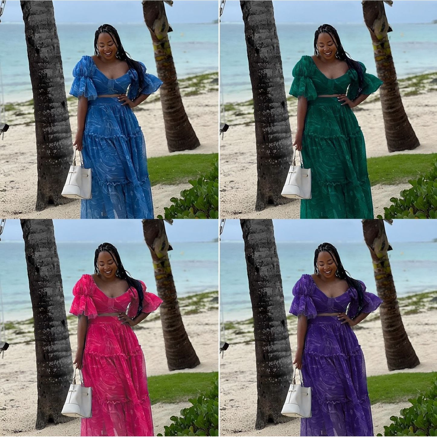 Short Sleeve Elegant Ruffles Crop Top & Maxi Skirt 2 Piece Set.