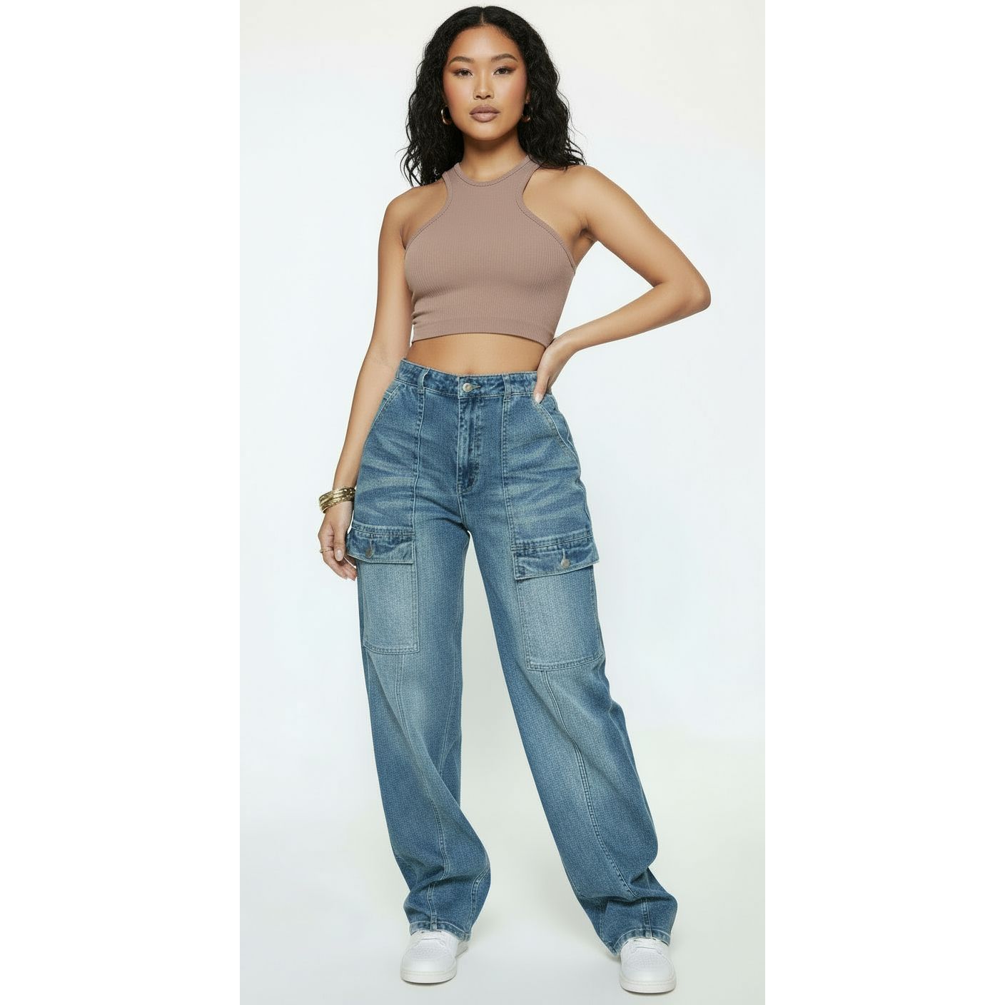 Female Straight Leg Cargo Denim Jeans.
