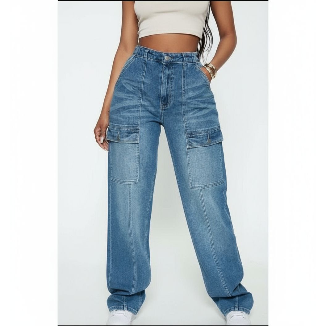 Female Straight Leg Cargo Denim Jeans.