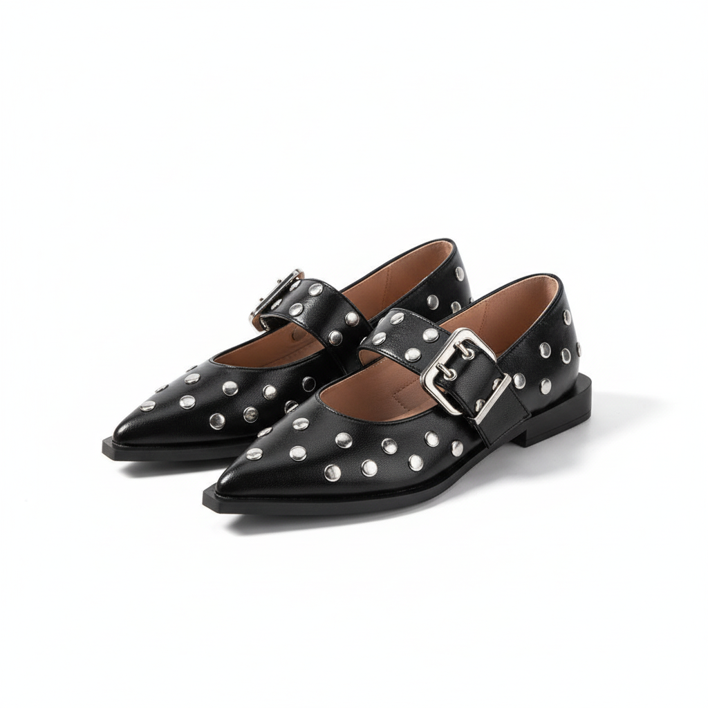 Metal Hardware Buckled Pointy Slingback Shoe.