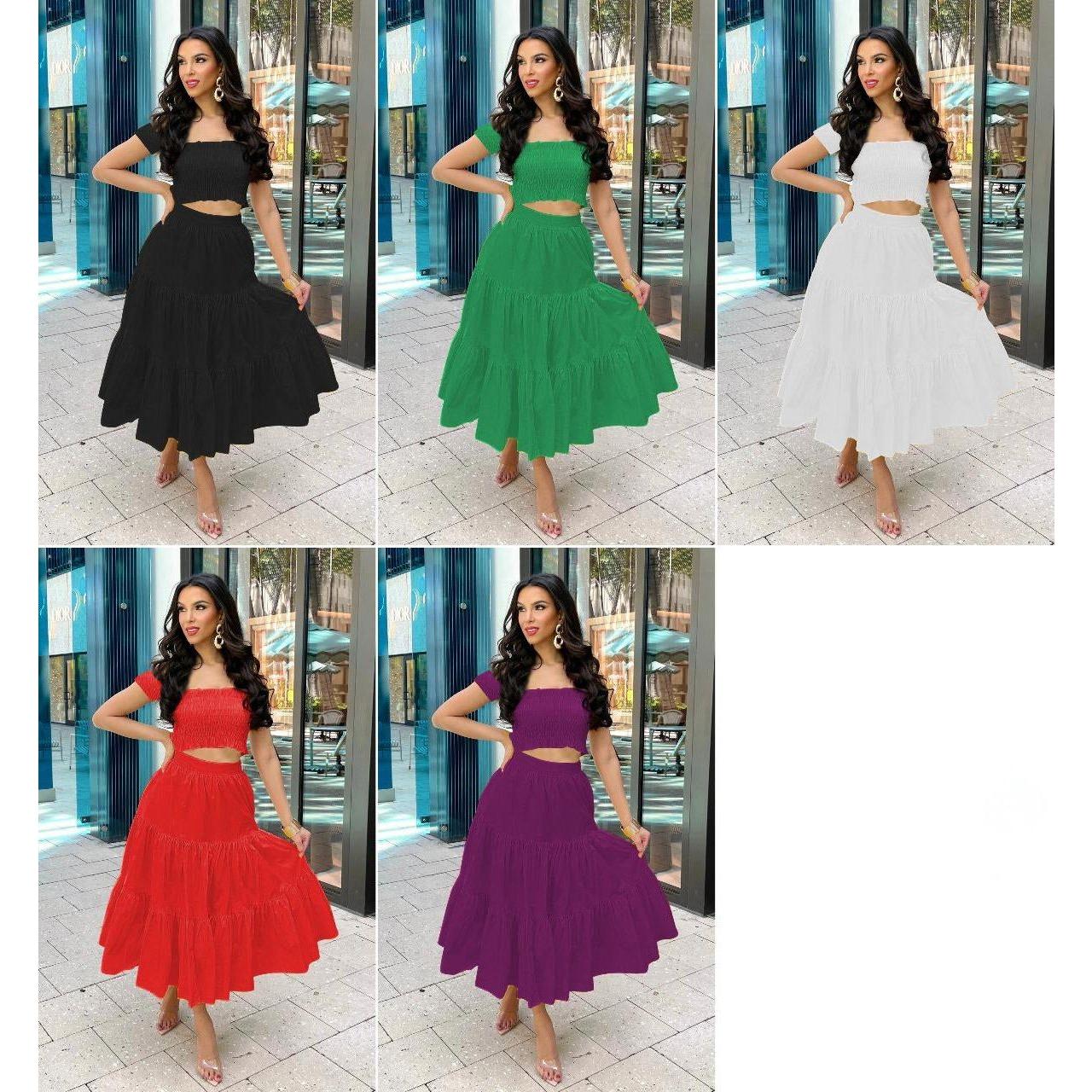 Ruffle Trim Crop Top and Midi Skirt Set.