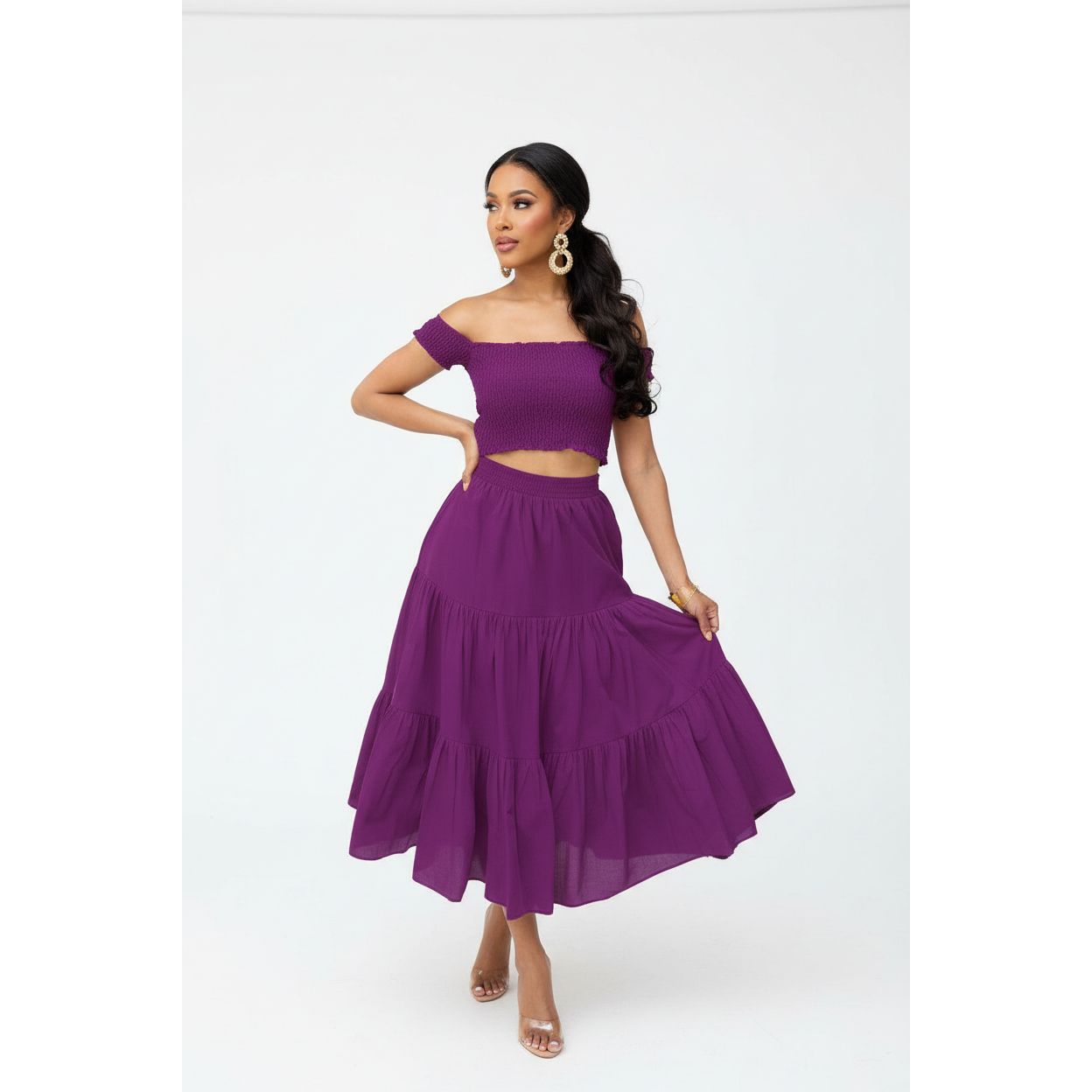 Ruffle Trim Crop Top and Midi Skirt Set.