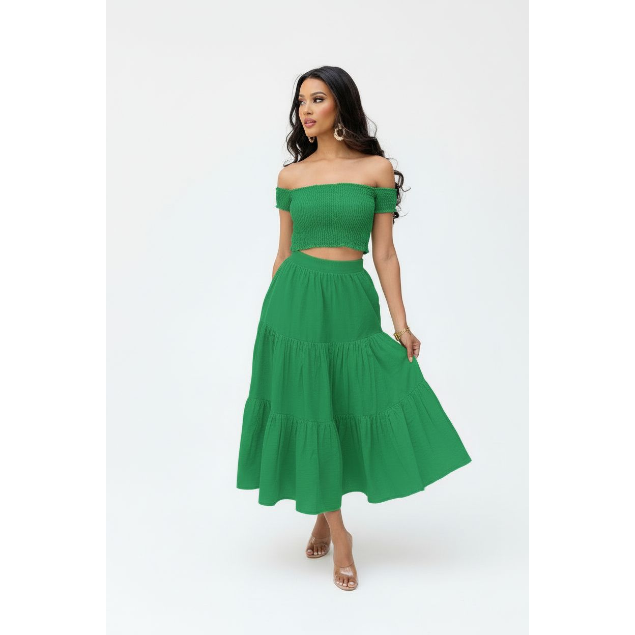 Ruffle Trim Crop Top and Midi Skirt Set.