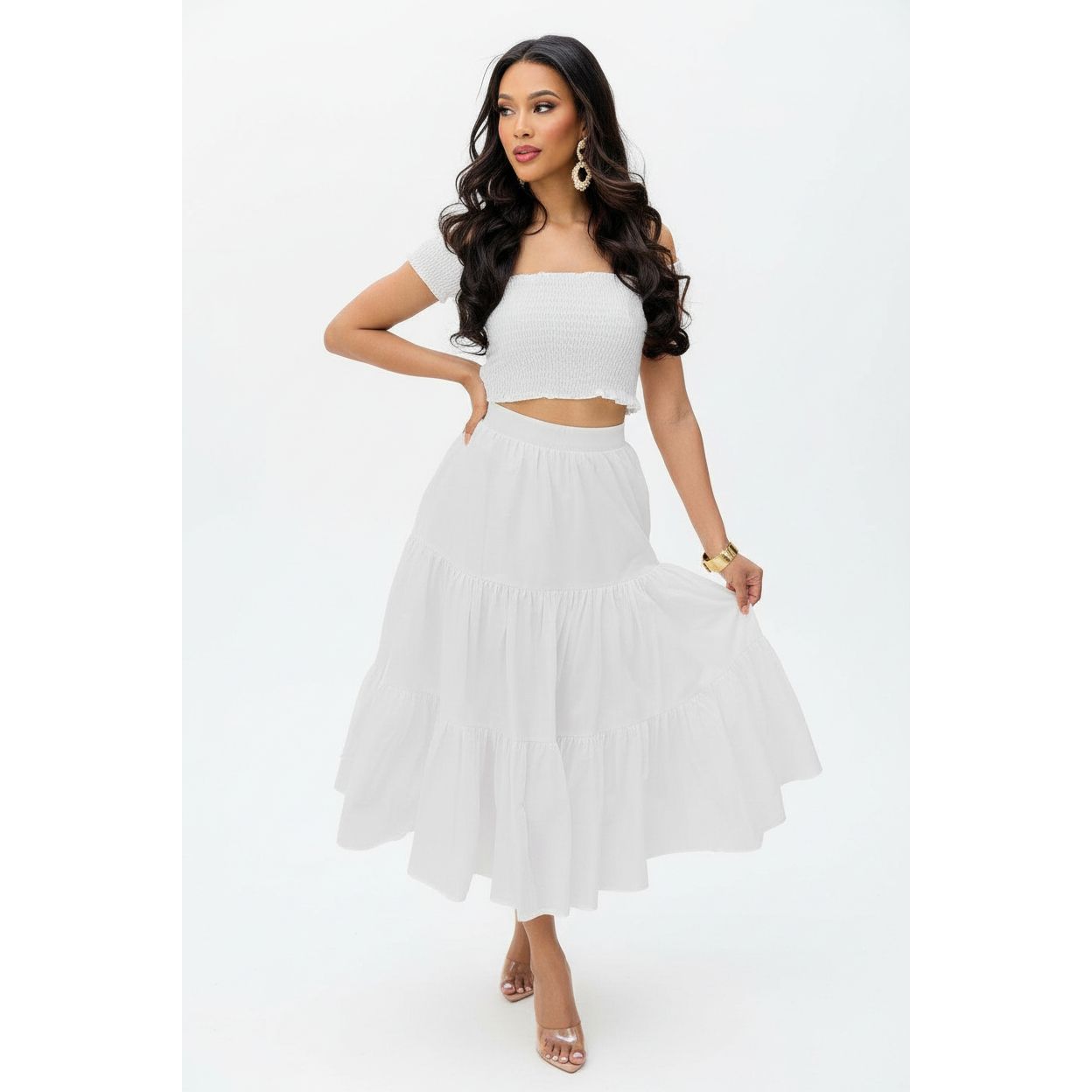 Ruffle Trim Crop Top and Midi Skirt Set.