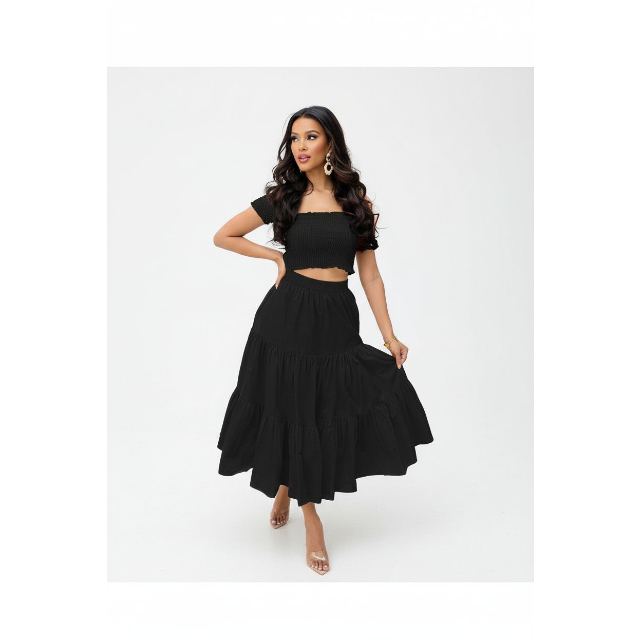 Ruffle Trim Crop Top and Midi Skirt Set.