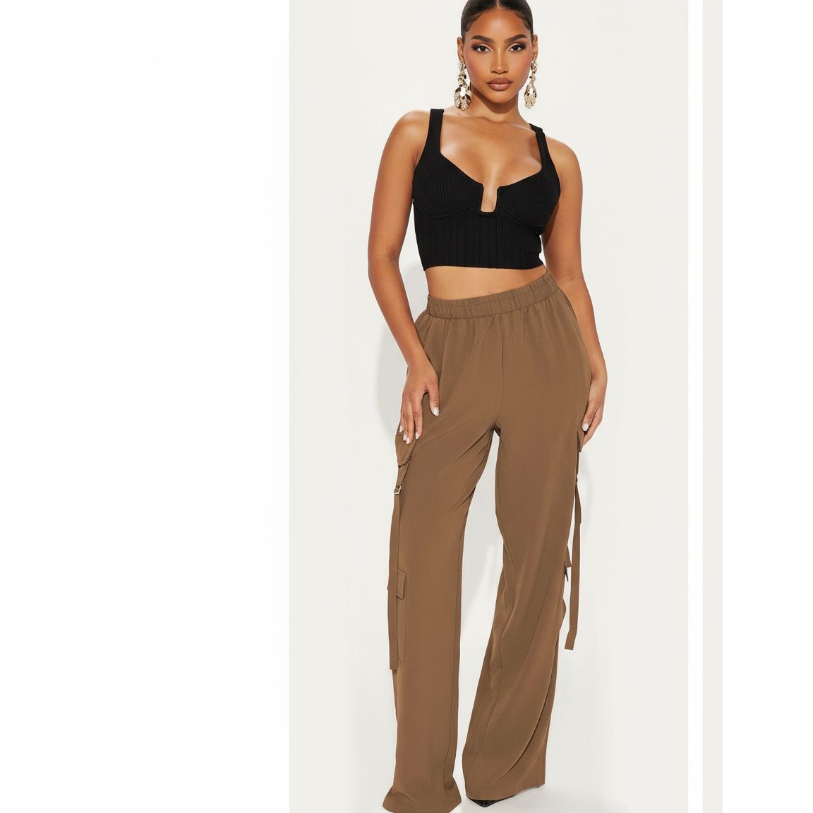 A collage of images displaying women's drawstring waist knot side hem pants in various colors.