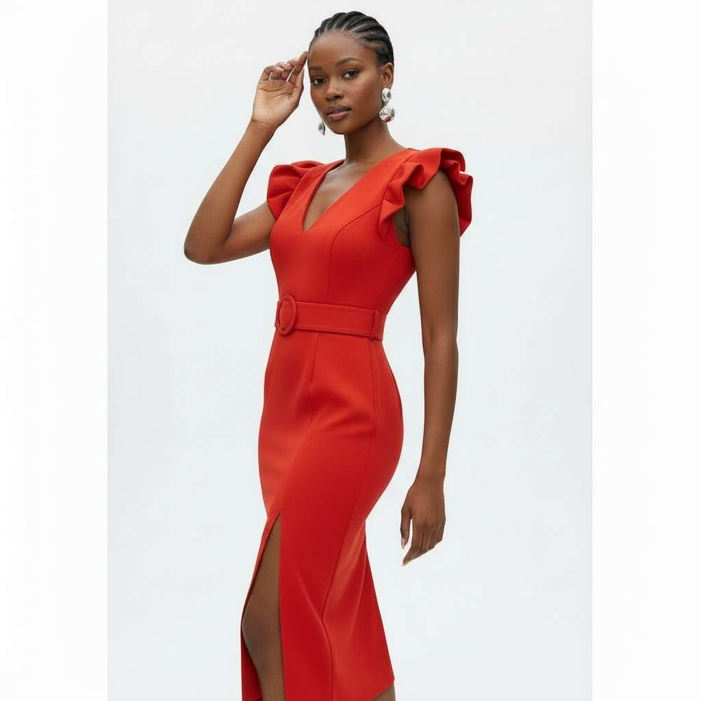 Poplin Puff Sleeve Slit Bodycon Dress.