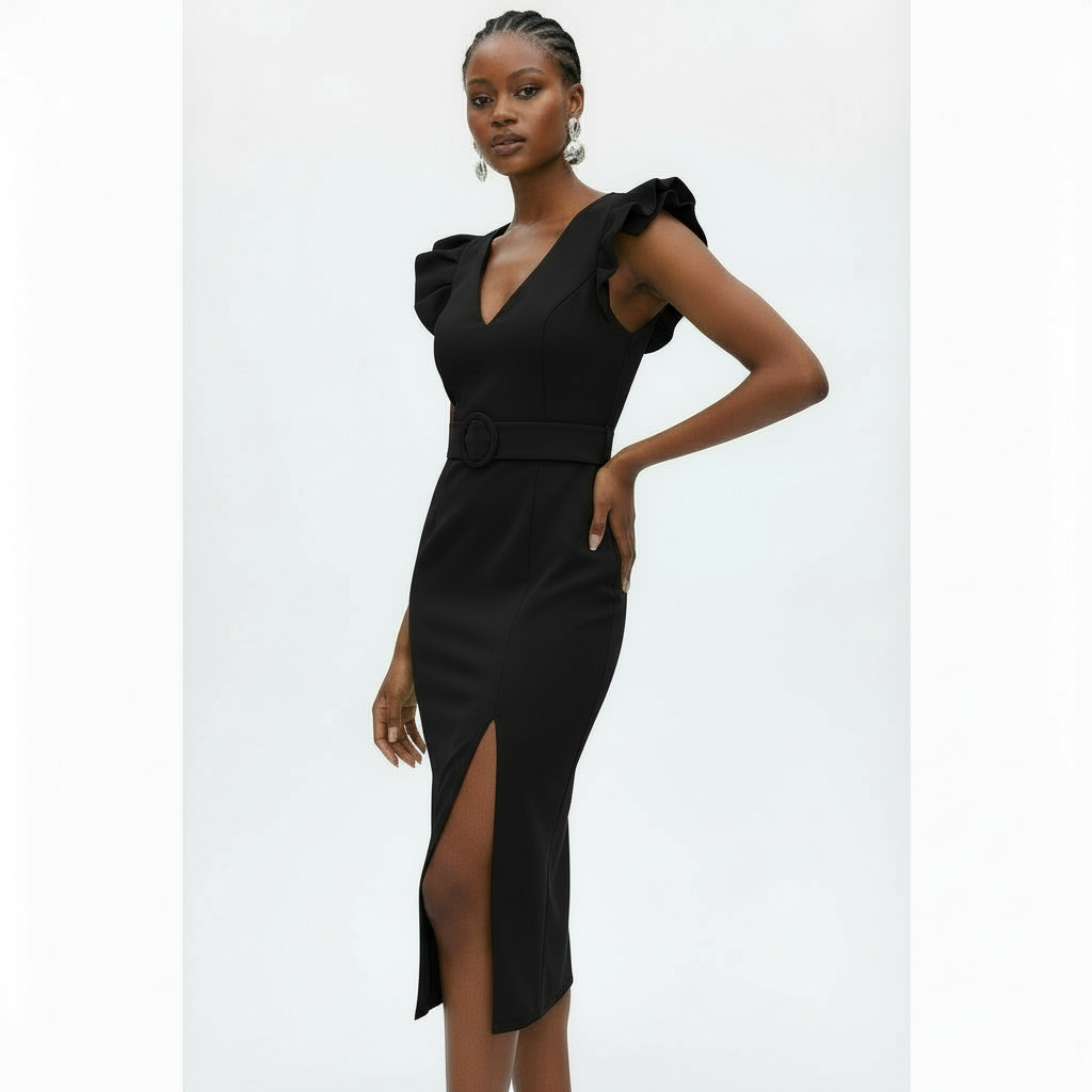 Poplin Puff Sleeve Slit Bodycon Dress.