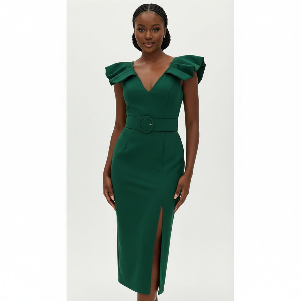 Poplin Puff Sleeve Slit Bodycon Dress.