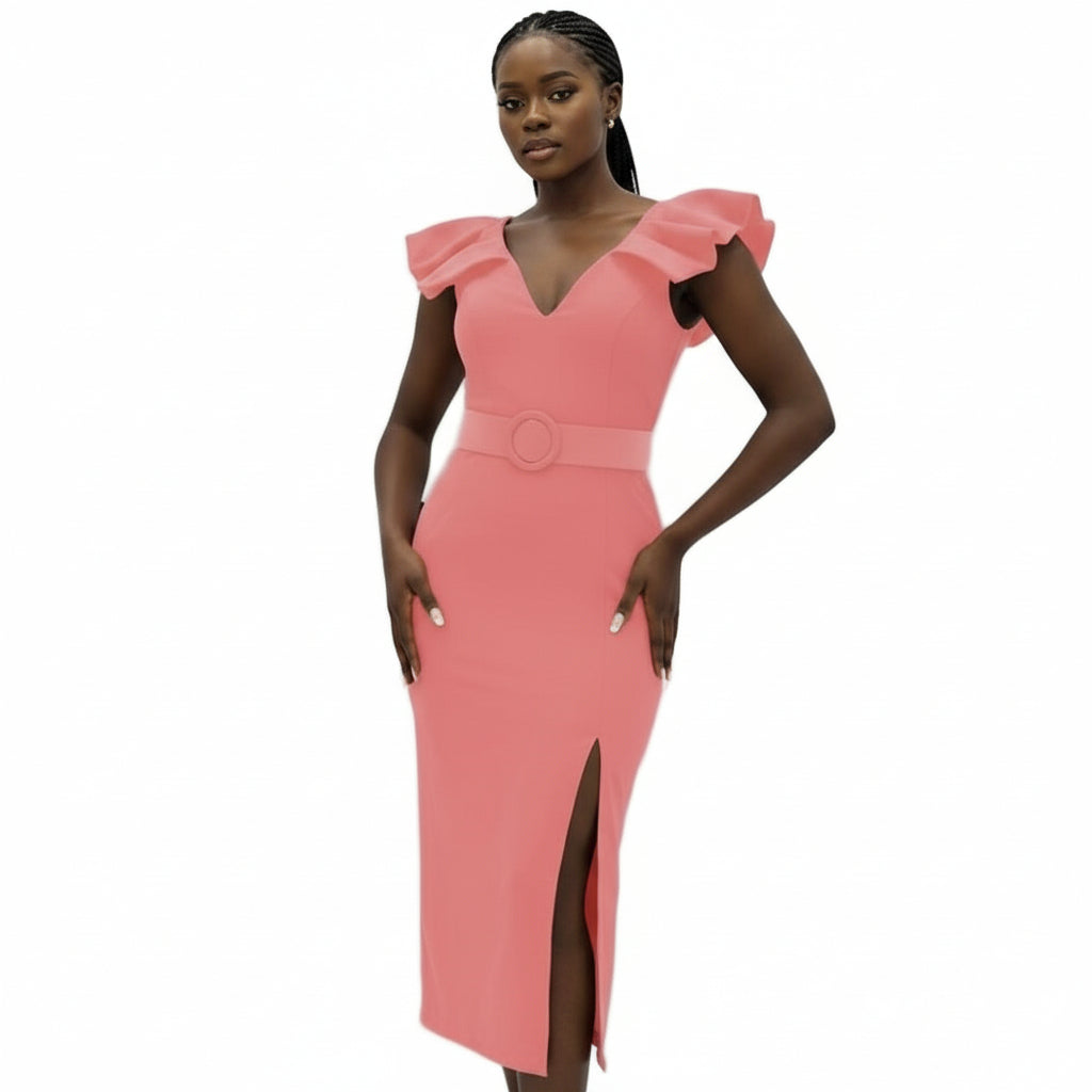 Poplin Puff Sleeve Slit Bodycon Dress.