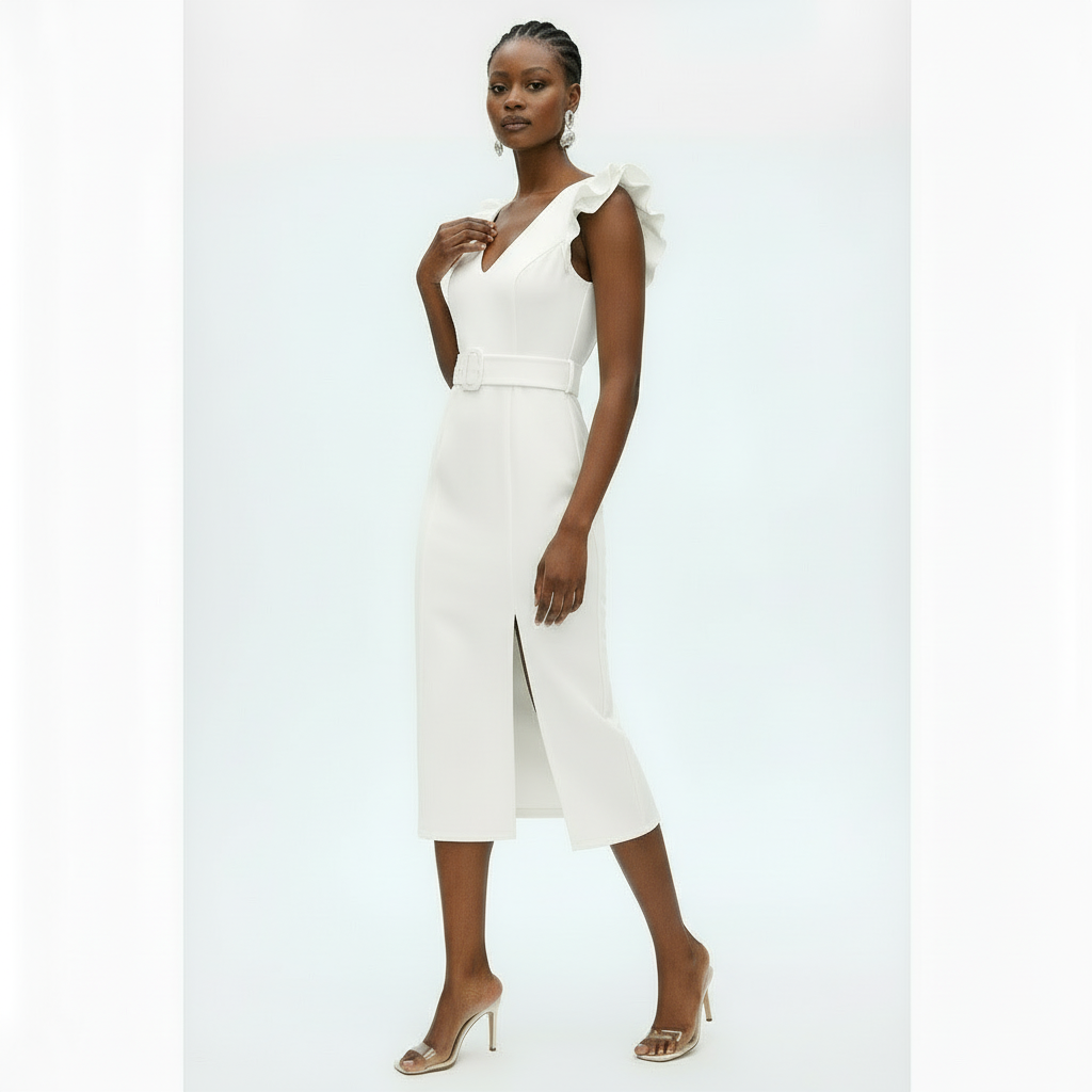 Poplin Puff Sleeve Slit Bodycon Dress.