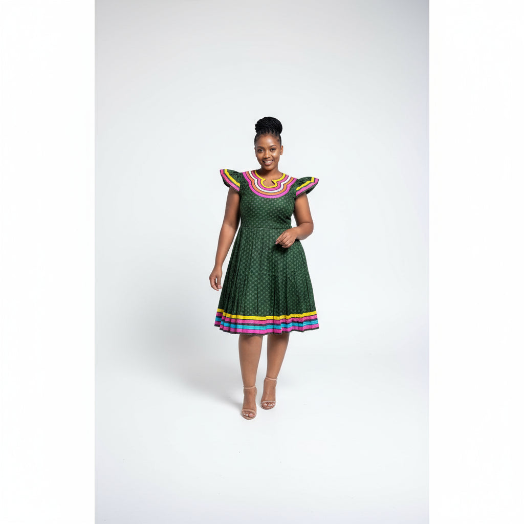 A woman wearing a traditional African dress with a V-neck and short sleeves, featuring a geometric pattern with colorful trim.